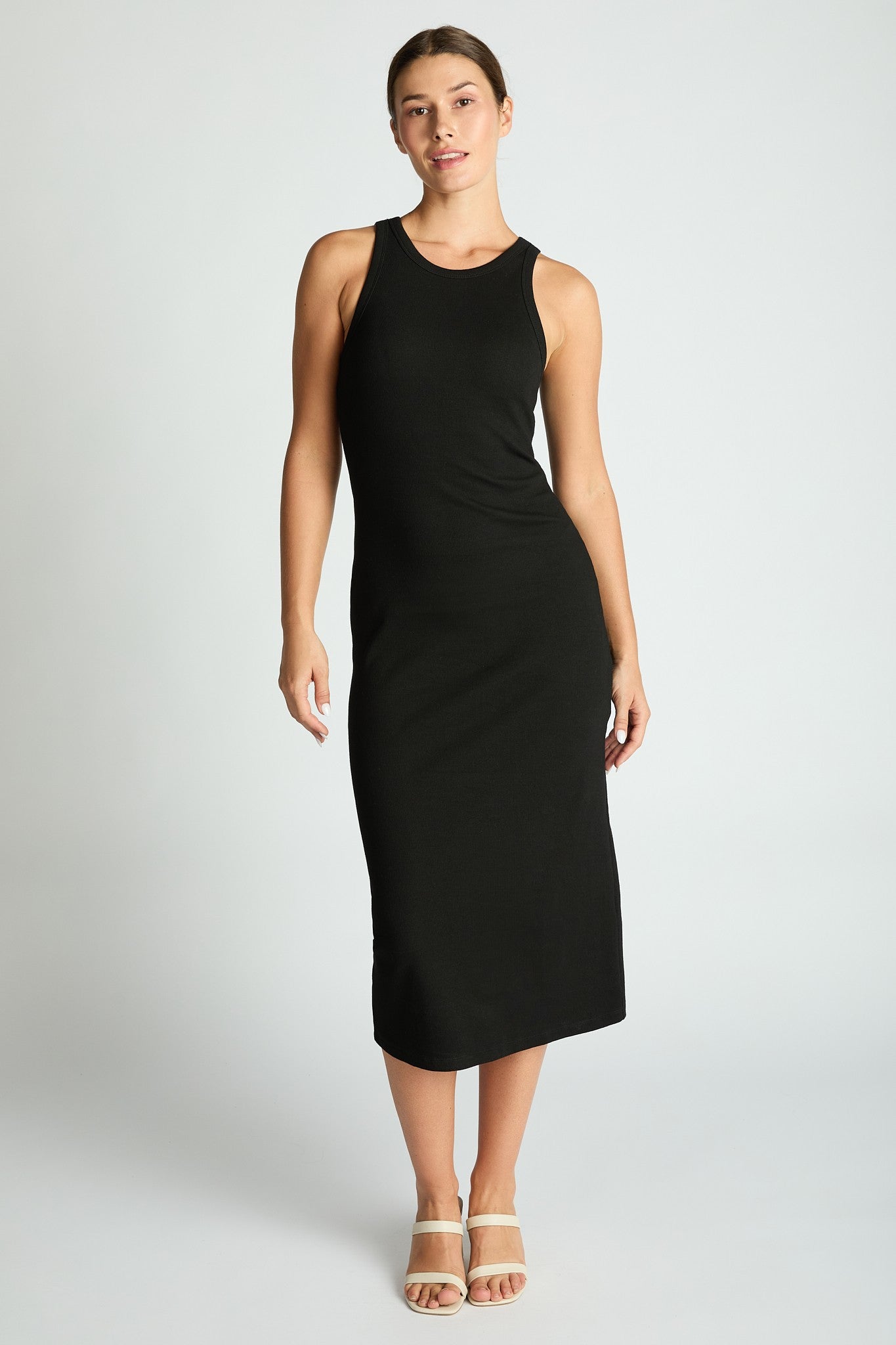 Comfort Collection: Ribbed Sleeveless Built In Bra Dress- Black/Cinnamon/Grey