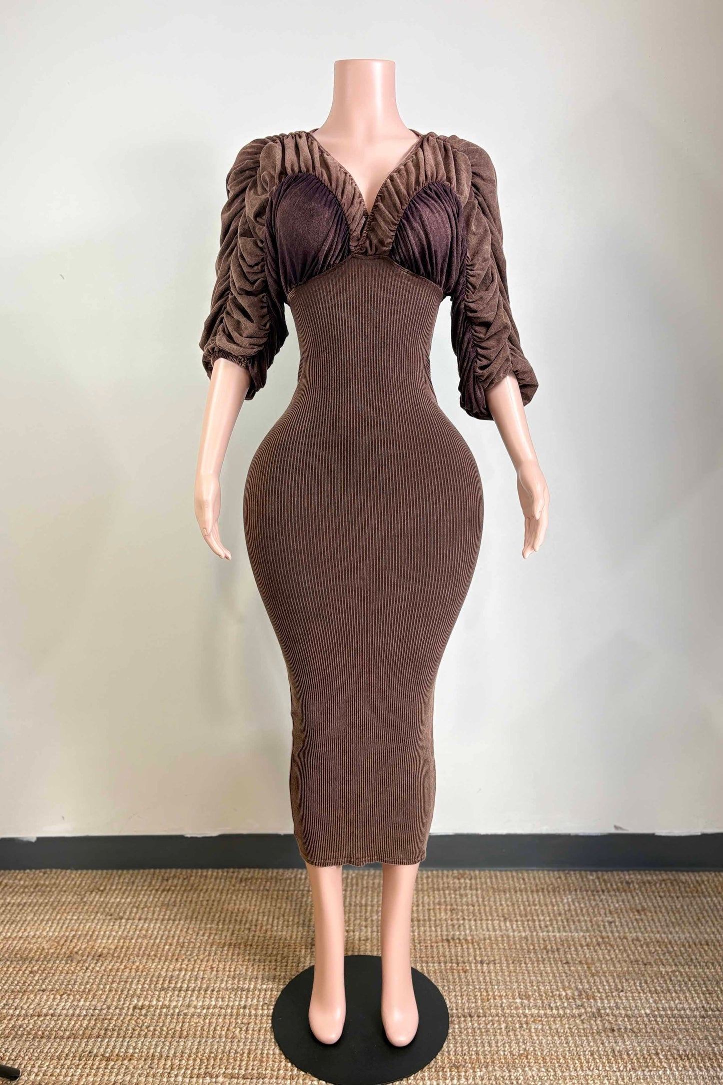 Timeless Ribbed Off the Shoulder Midi Dress- Brown