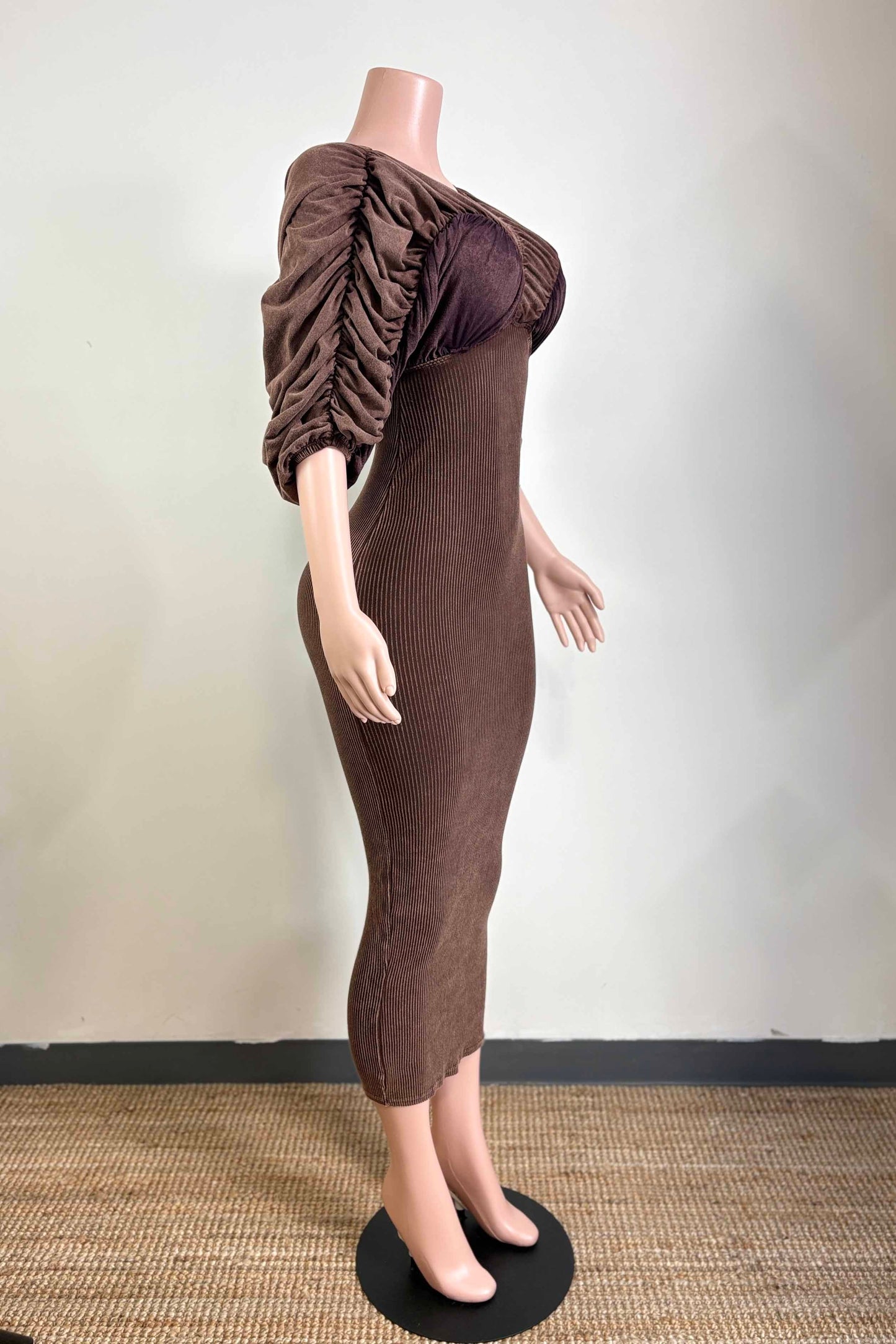 Timeless Ribbed Off the Shoulder Midi Dress- Brown