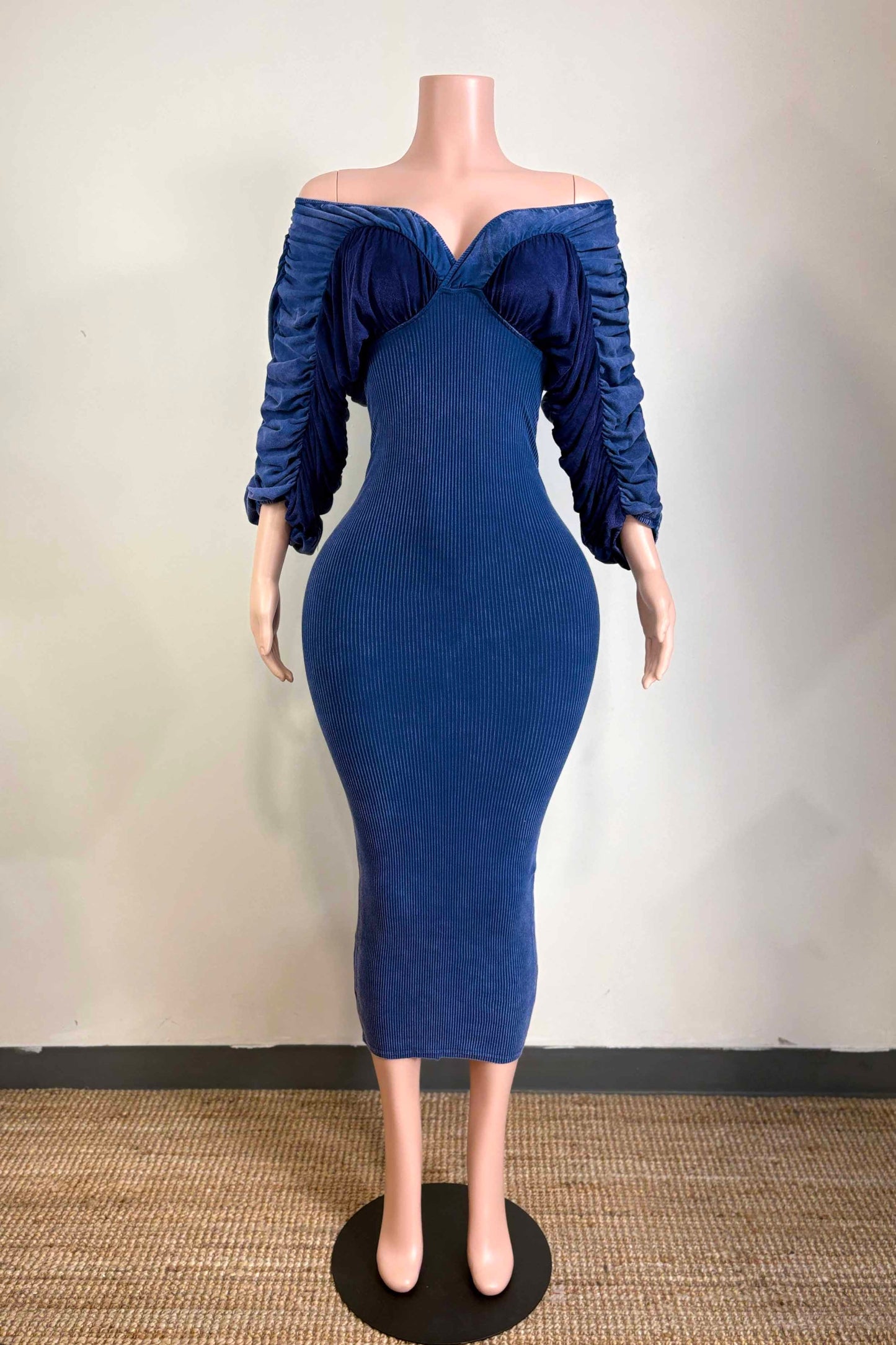 Timeless Ribbed Off the Shoulder Midi Dress- Blue