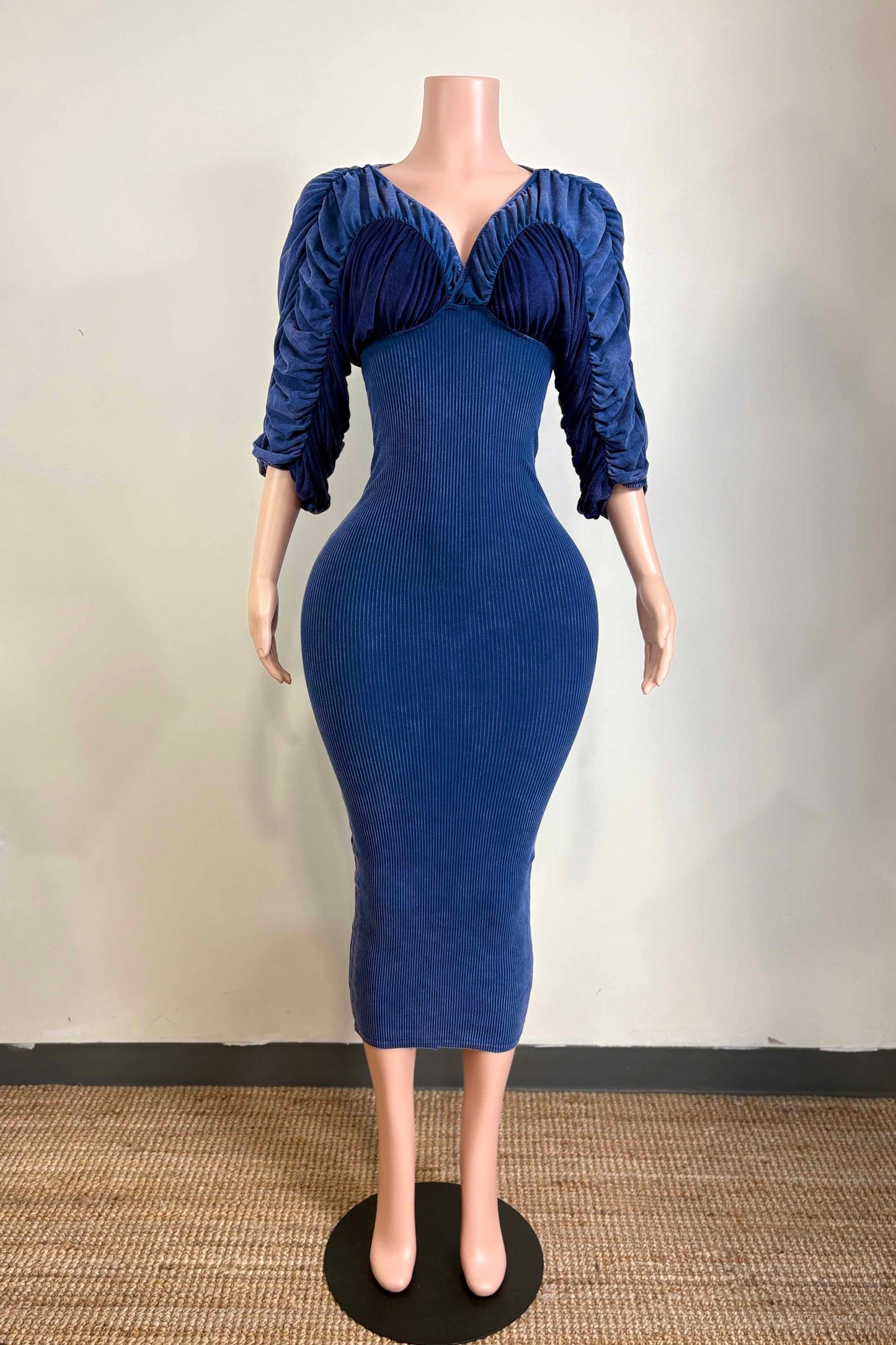 Timeless Ribbed Off the Shoulder Midi Dress- Blue