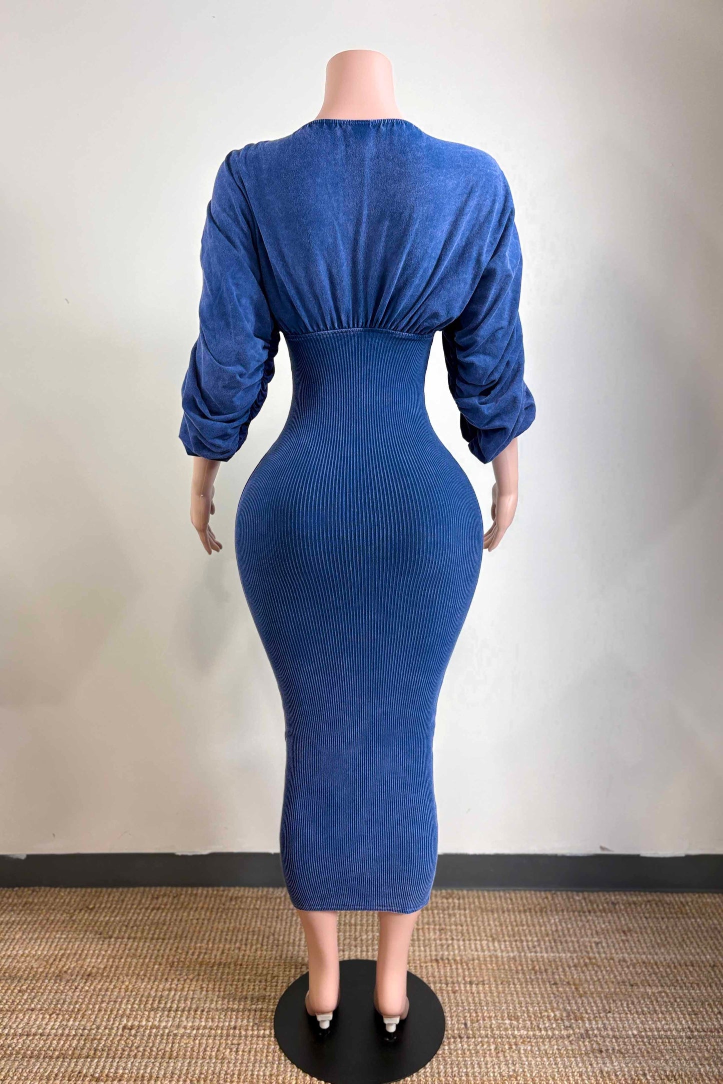 Timeless Ribbed Off the Shoulder Midi Dress- Blue
