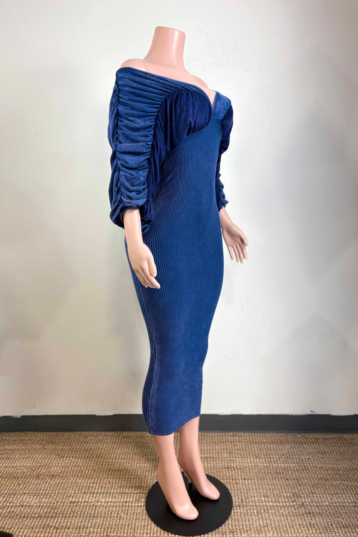 Timeless Ribbed Off the Shoulder Midi Dress- Blue
