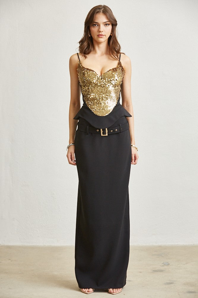 Gold Sequin Peplum Topped Exquisite Skirt Set- Black/Gold L Gold Sequin Peplum Topped Exquisite Skirt Set- Black/Gold L