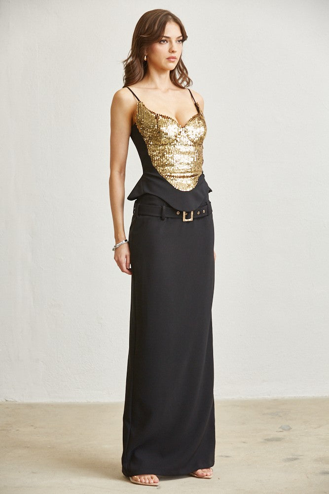 Gold Sequin Peplum Topped Exquisite Skirt Set- Black/Gold