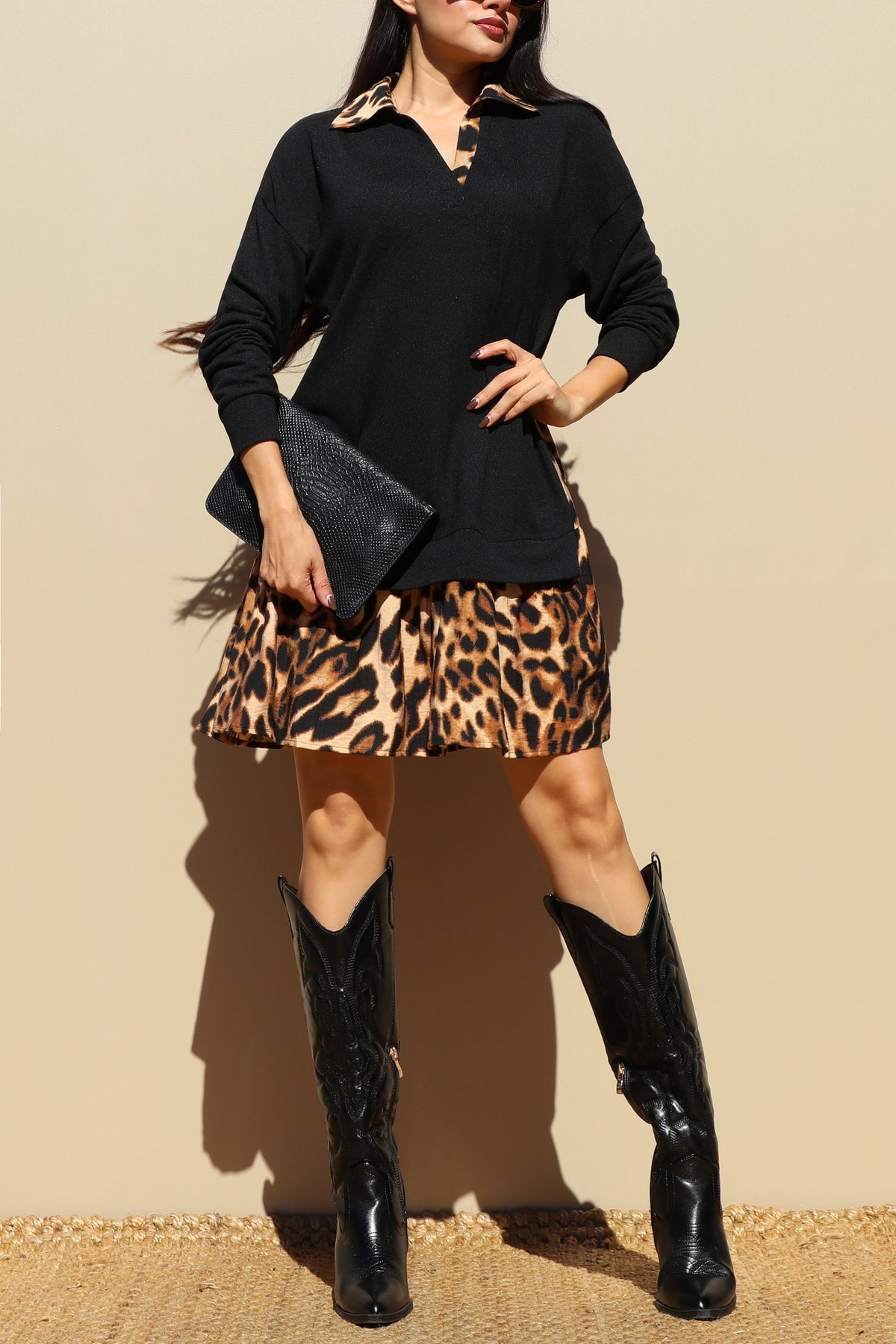 Solid & Animal Print Mixed Layered Shirt Knit Top Mini Dress