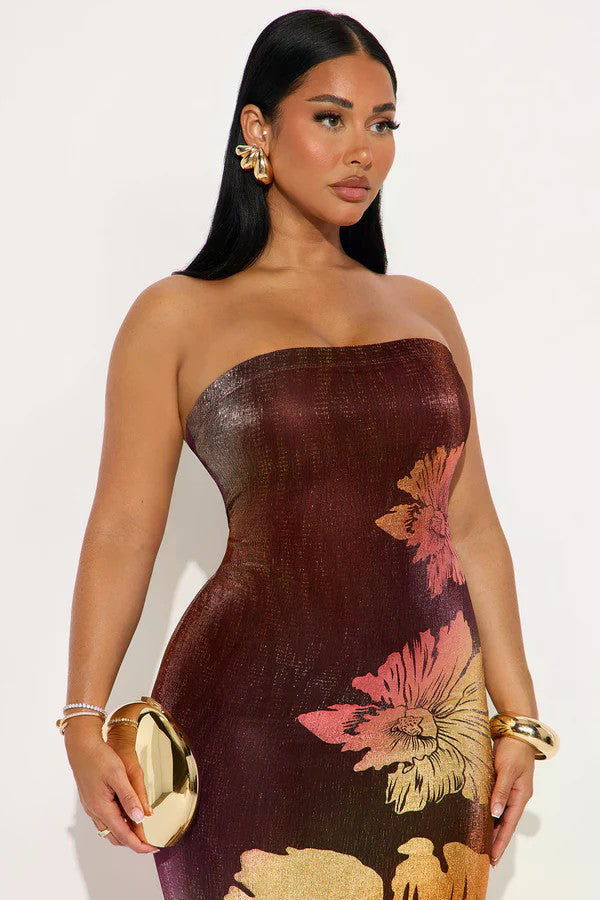 Get a Taste Dazzling Metallic Maxi Dress- Floral/Multi