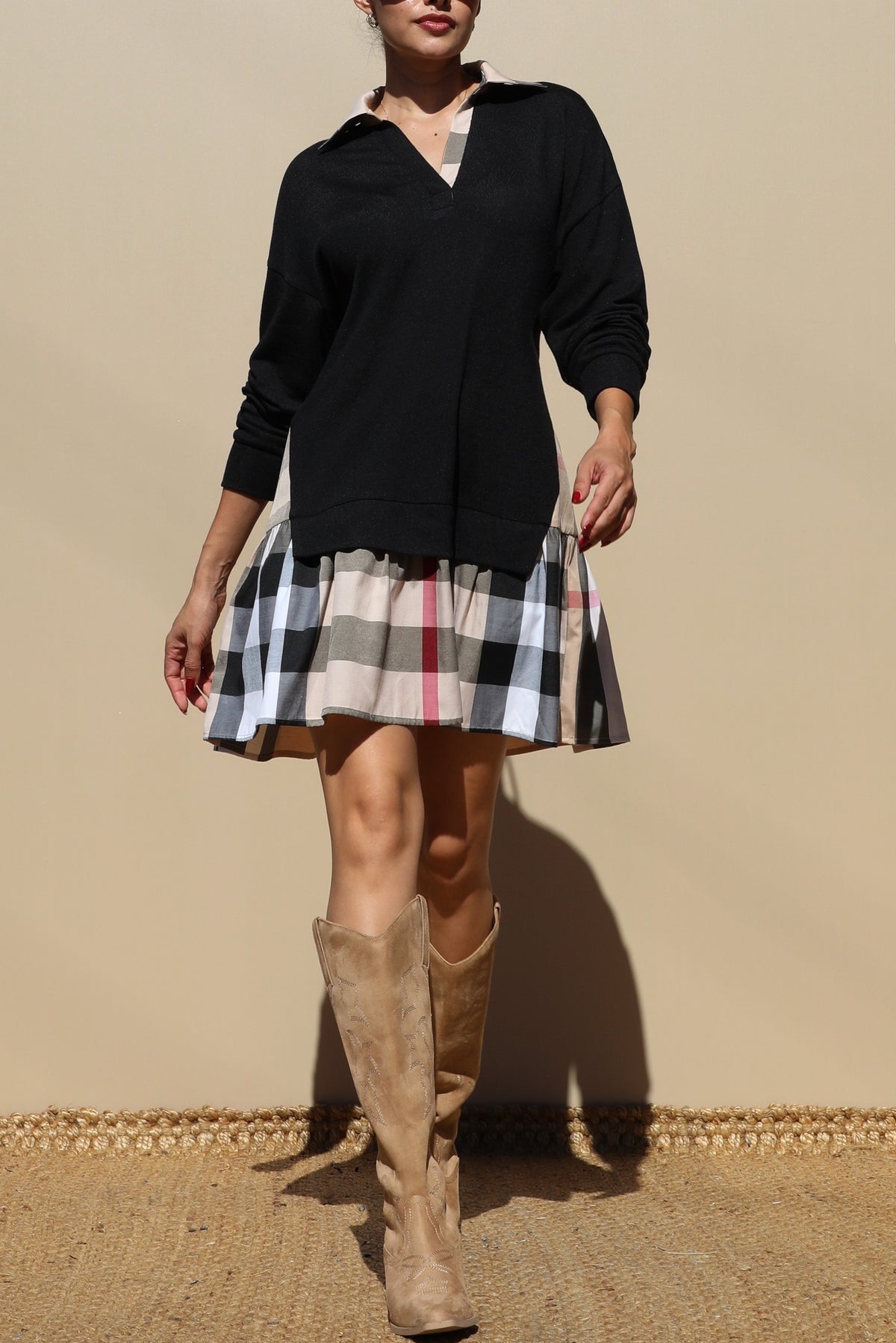 Solid & Plaid Print Mixed Layered Shirt Knit Top Mini Dress