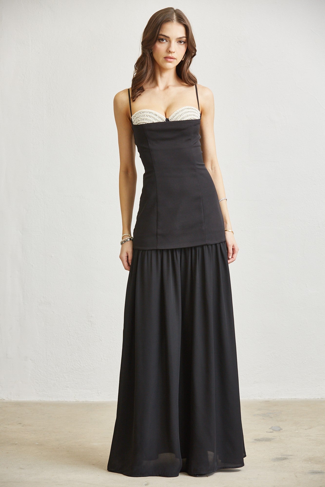 Pearl Embroidered Topped Maxi Dress- Black