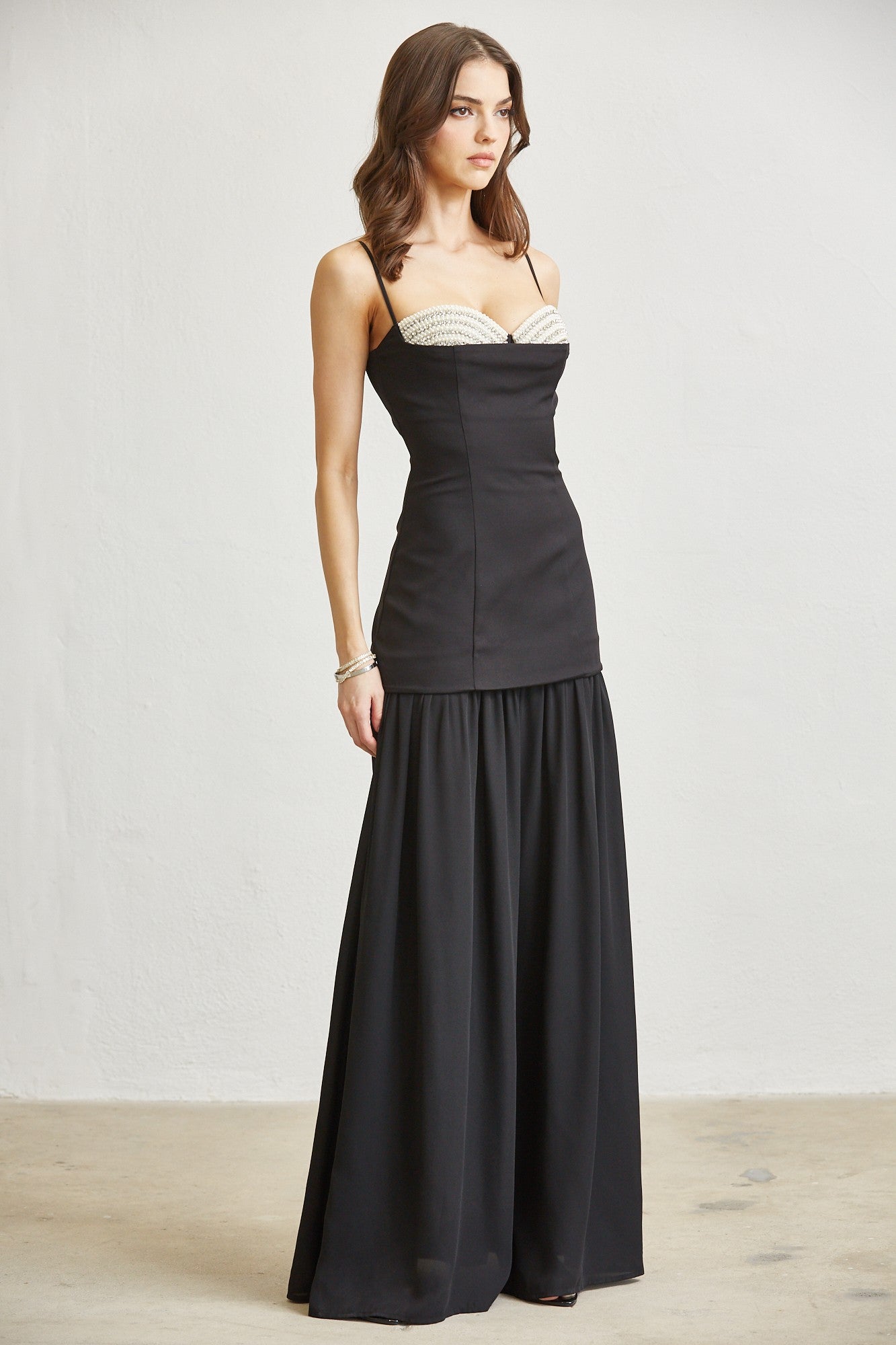 Pearl Embroidered Topped Maxi Dress- Black