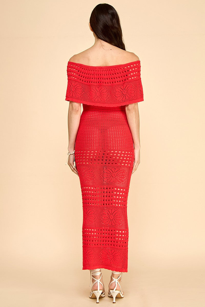 Off the Shoulder Beach Crochet Midi Dress- Red