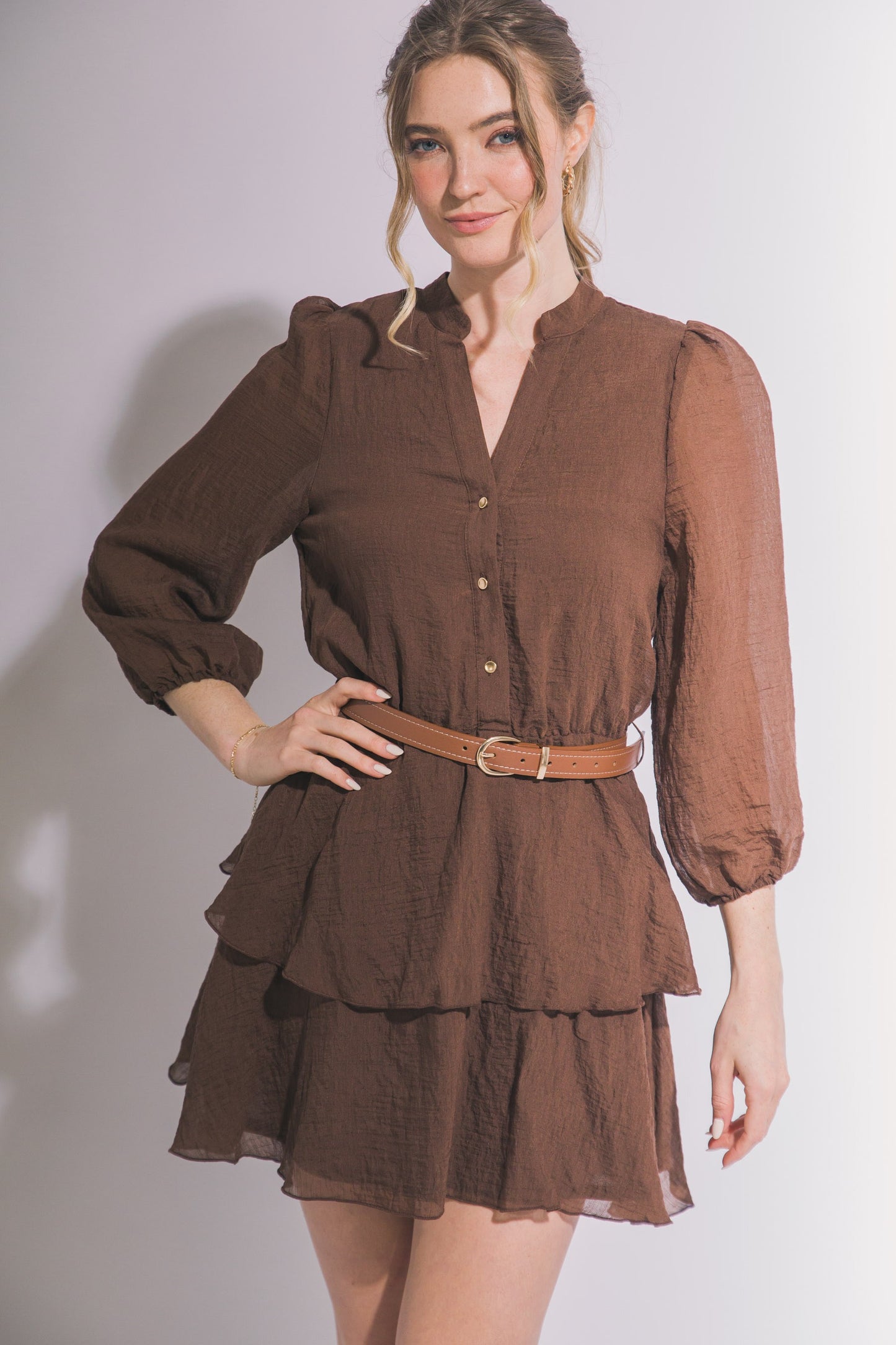 Step by Step Belted Mini Dress- Brown