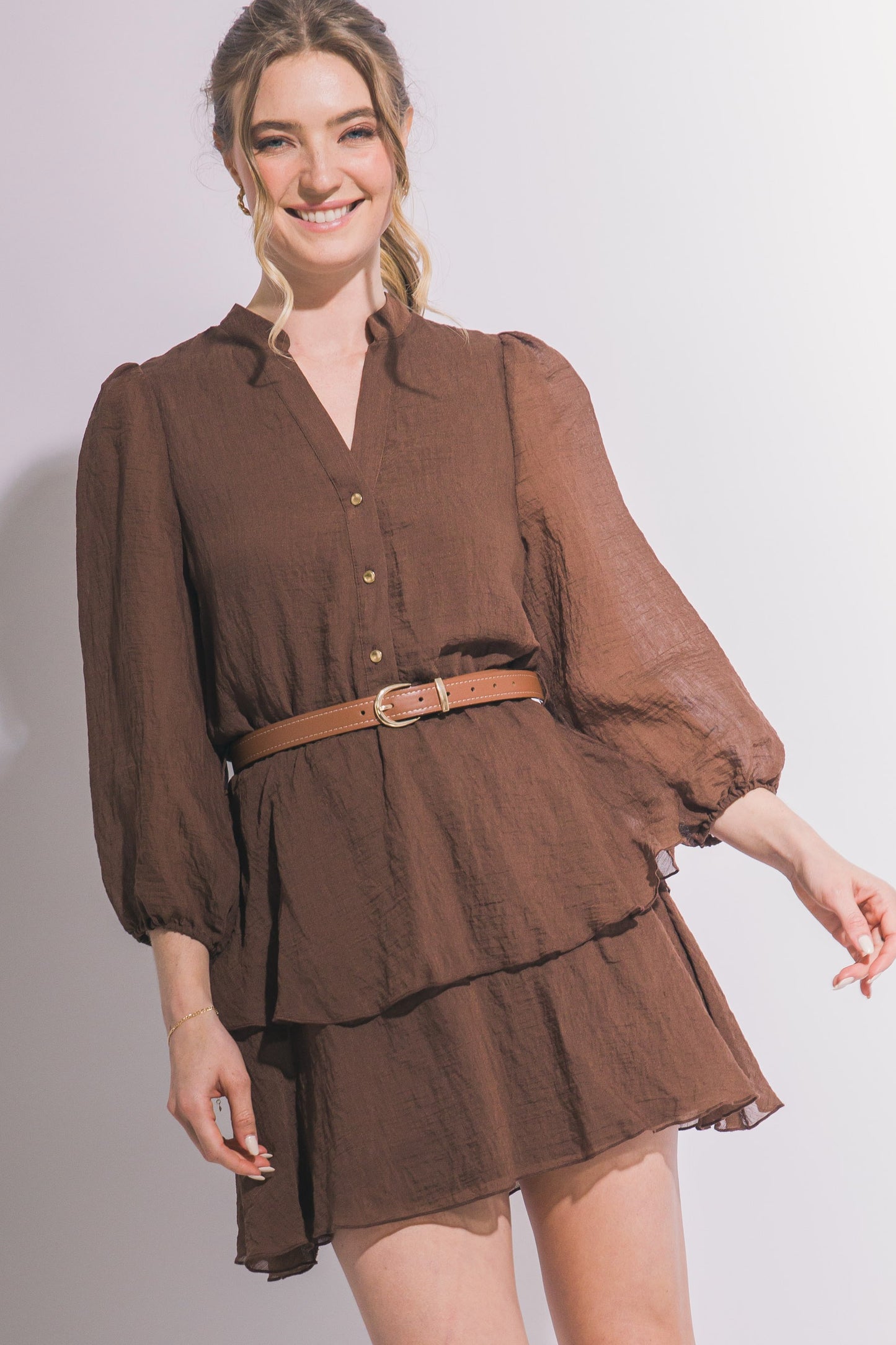 Step by Step Belted Mini Dress- Brown