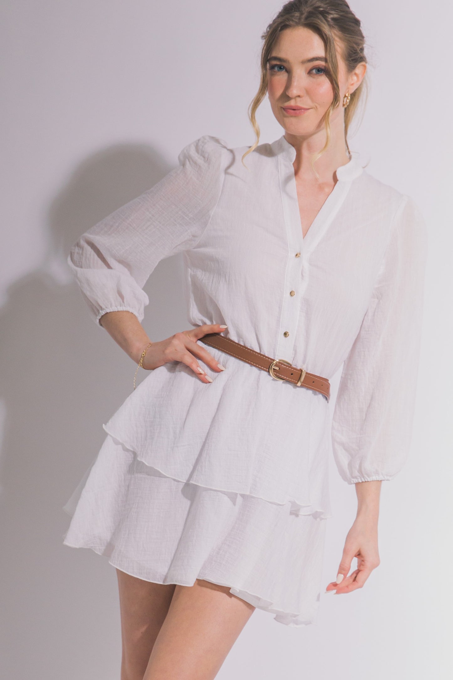 Step by Step Belted Mini Dress- White