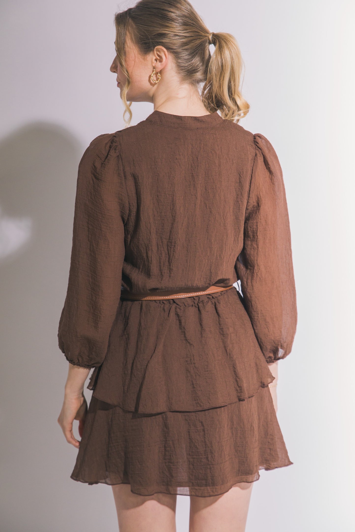 Step by Step Belted Mini Dress- Brown