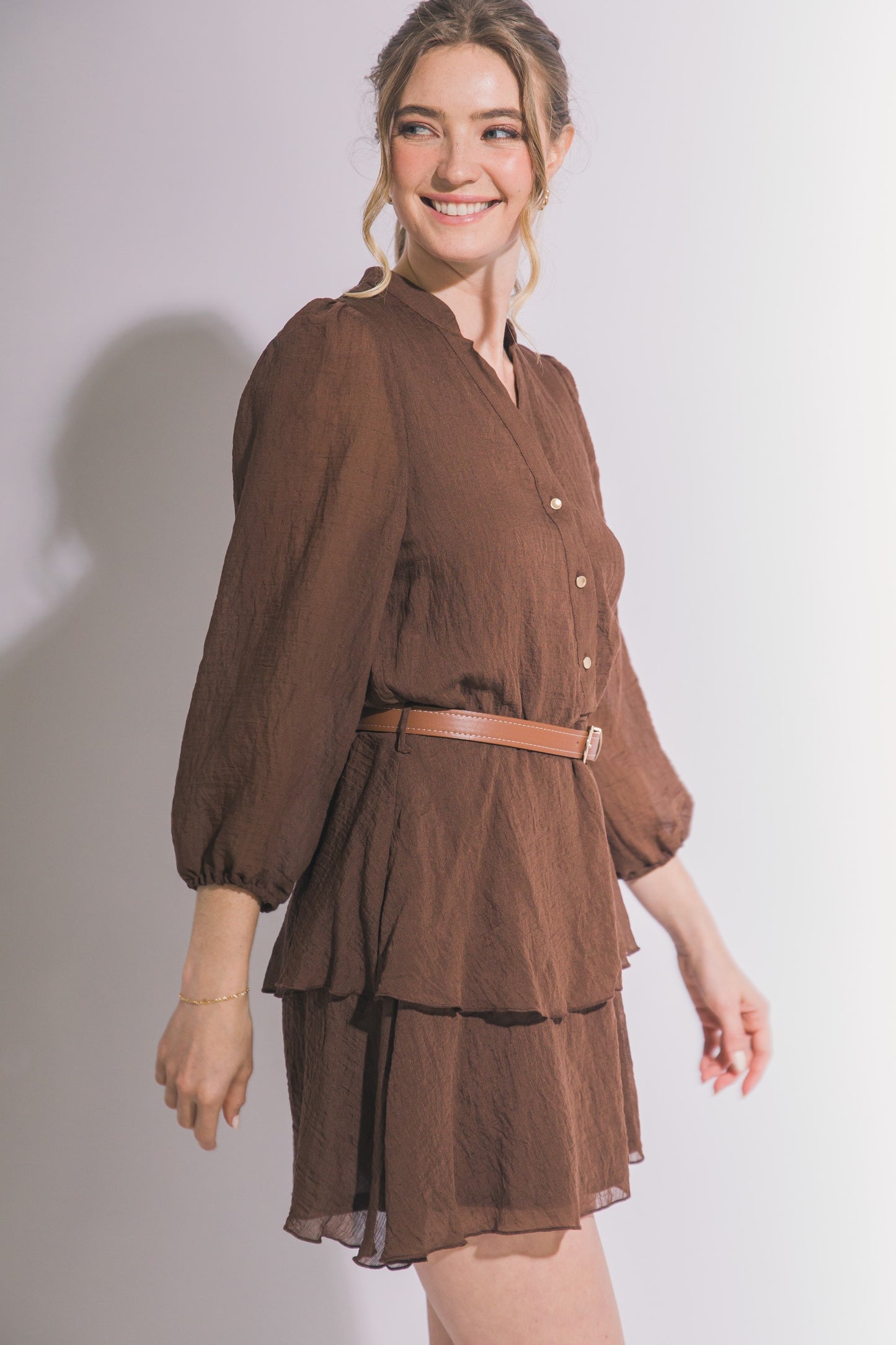 Step by Step Belted Mini Dress- Brown