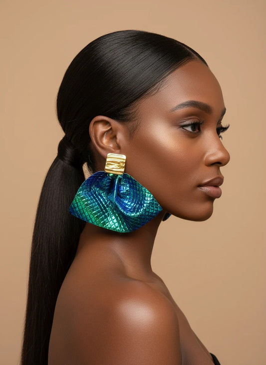 Blue Green Leather Ruffle Earrings Gold Studs (PRE-ORDER)