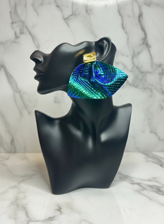 Blue Green Leather Ruffle Earrings Gold Studs (PRE-ORDER)