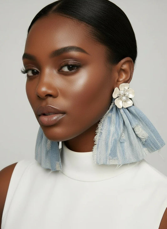 Light Destroyed Denim Earrings With Pearl Flowers (PRE-ORDER)