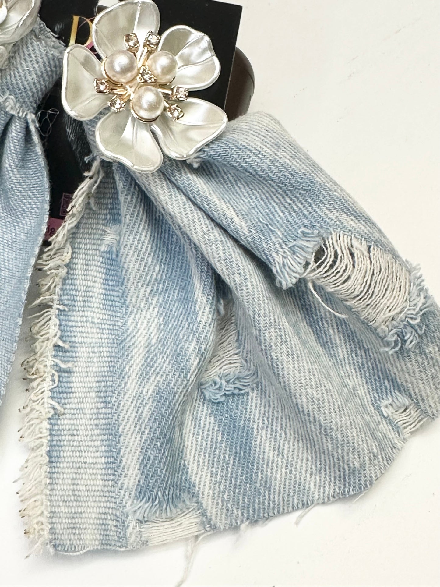 Light Destroyed Denim Earrings With Pearl Flowers (PRE-ORDER)
