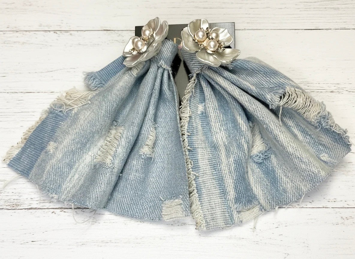 Light Destroyed Denim Earrings With Pearl Flowers (PRE-ORDER)