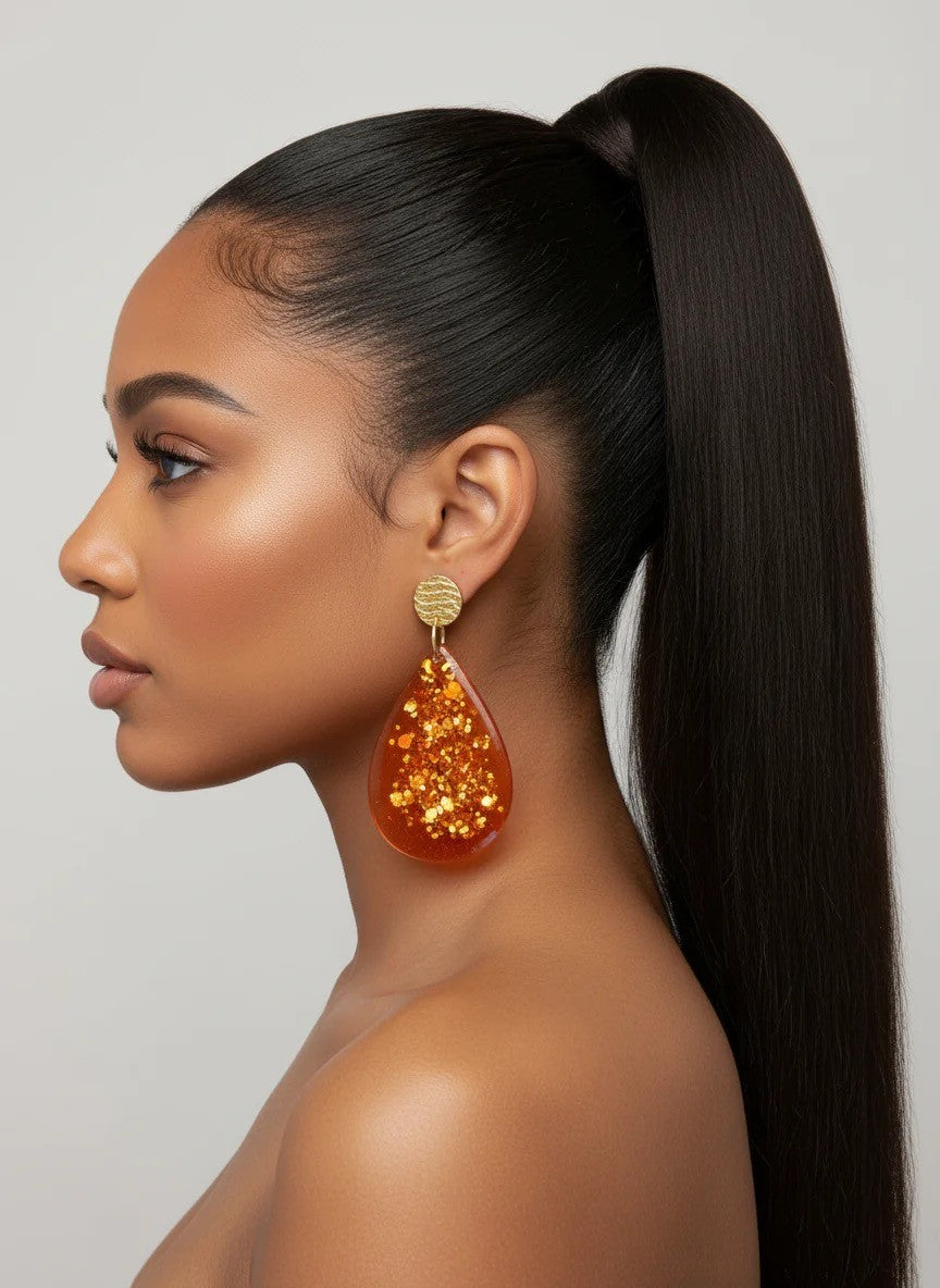 Minimalist Orange Glitter Resin Teardrop Earrings (PRE-ORDER)