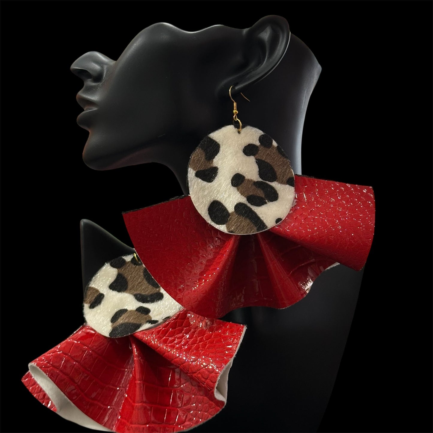 Oversized Statement Leopard And Red Ruffle Earrings (PRE-ORDER)