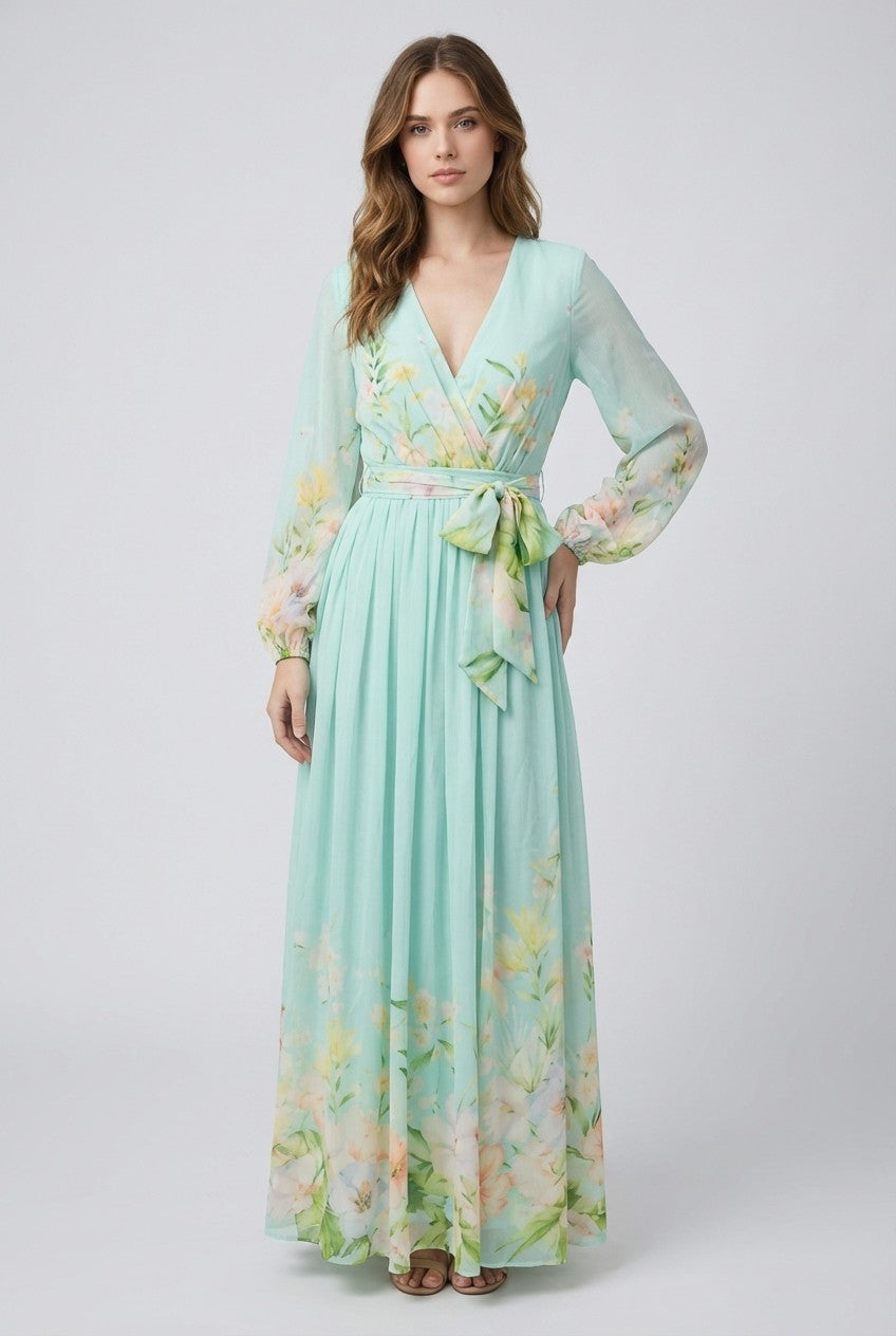 Floral Chiffon Wrap Maxi Dress- Blue or Pink (PREORDER)