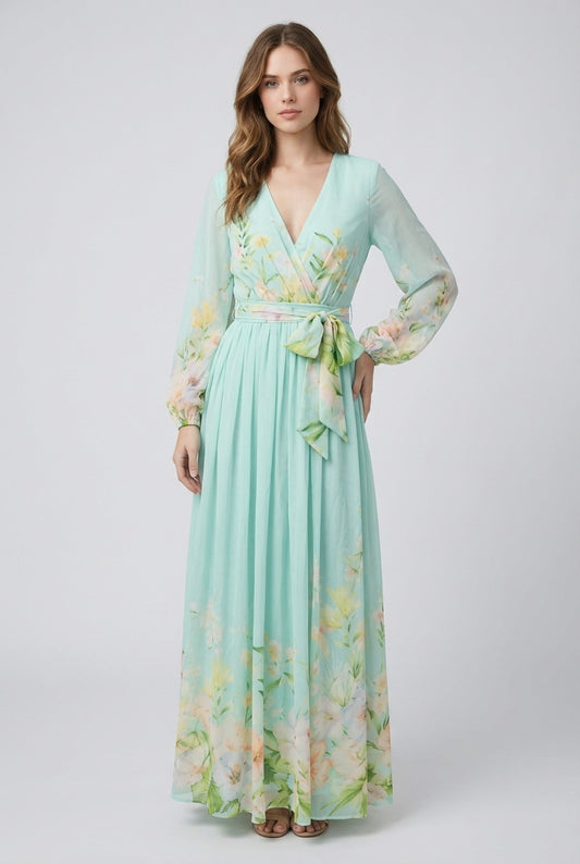 Floral Chiffon Wrap Maxi Dress- Blue or Pink (PREORDER)