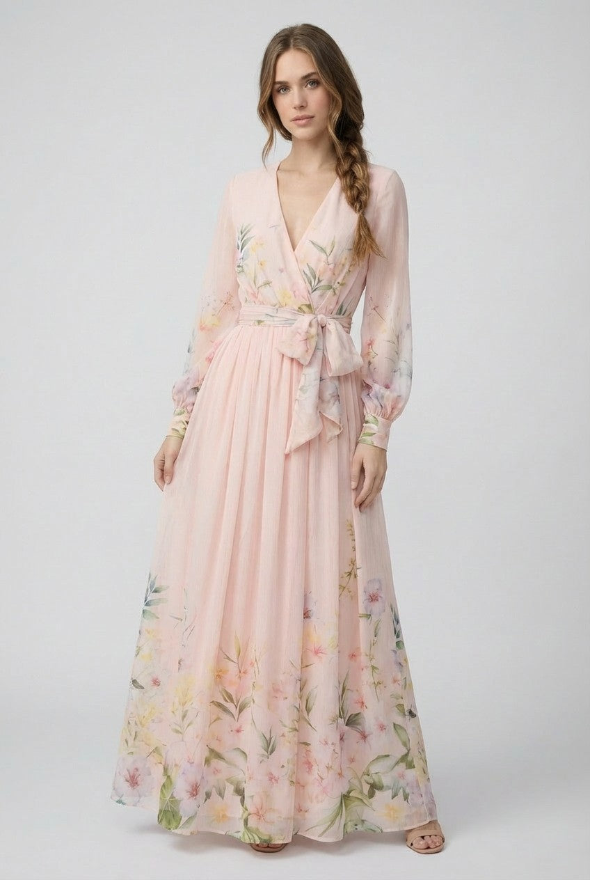 Floral Chiffon Wrap Maxi Dress- Blue or Pink (PREORDER)