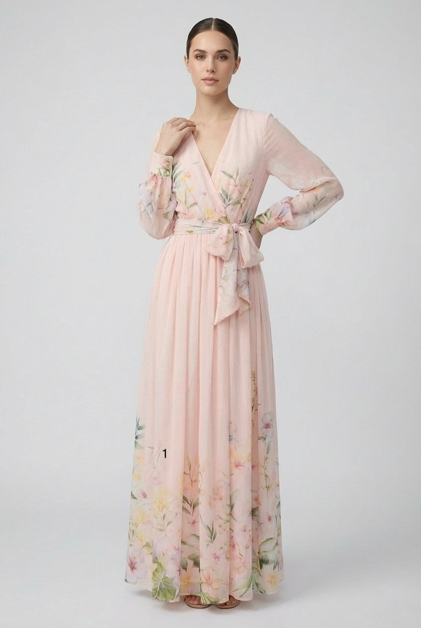 Floral Chiffon Wrap Maxi Dress- Blue or Pink (PREORDER)