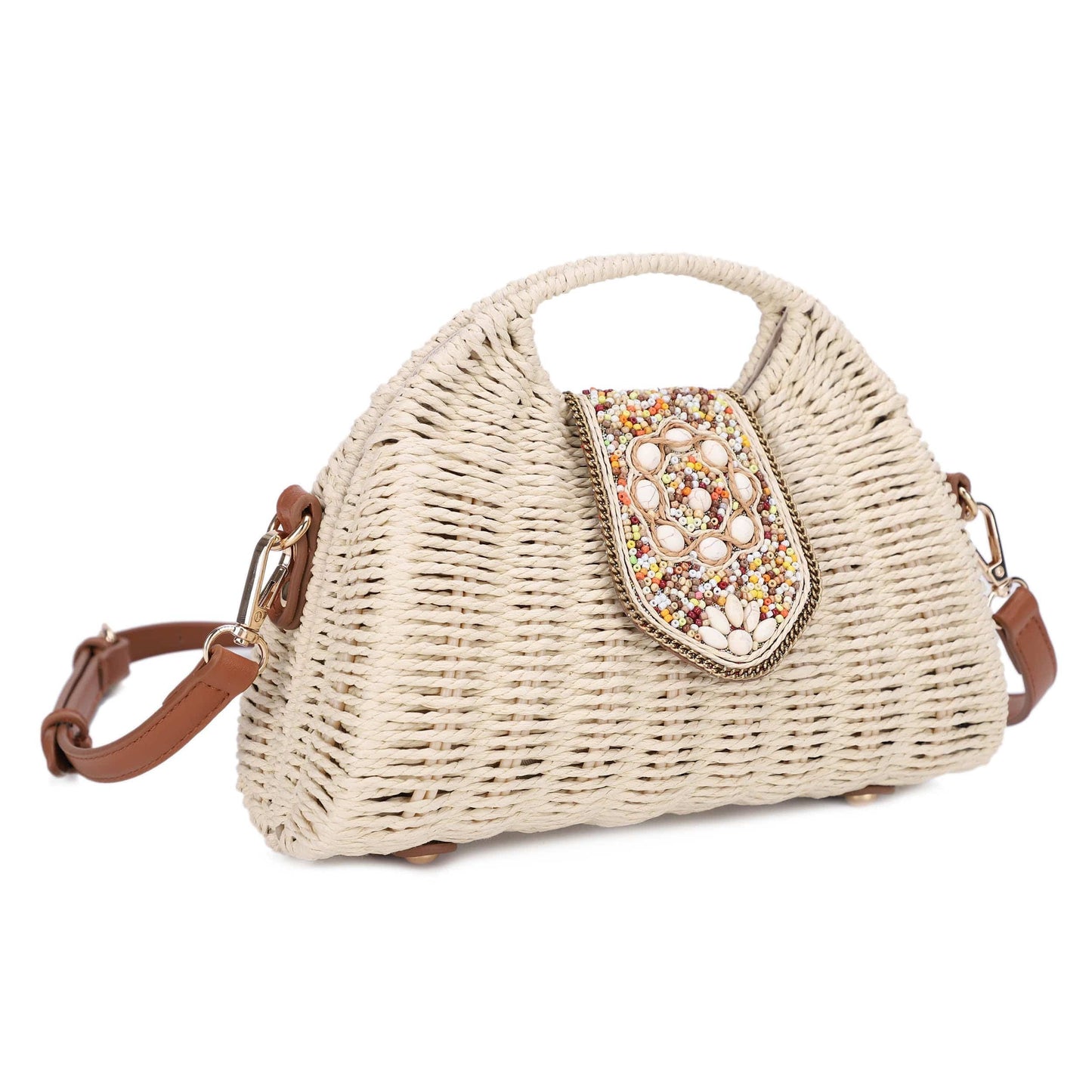 Fashion Beaded Straw Handle Satchel Bag