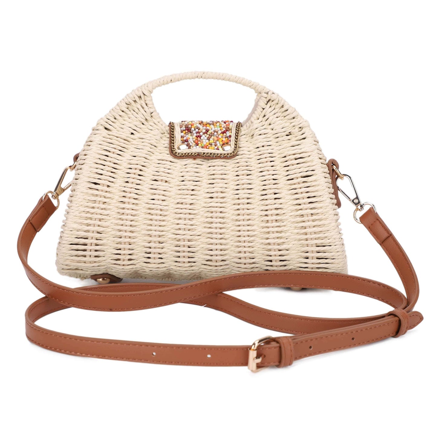 Fashion Beaded Straw Handle Satchel Bag