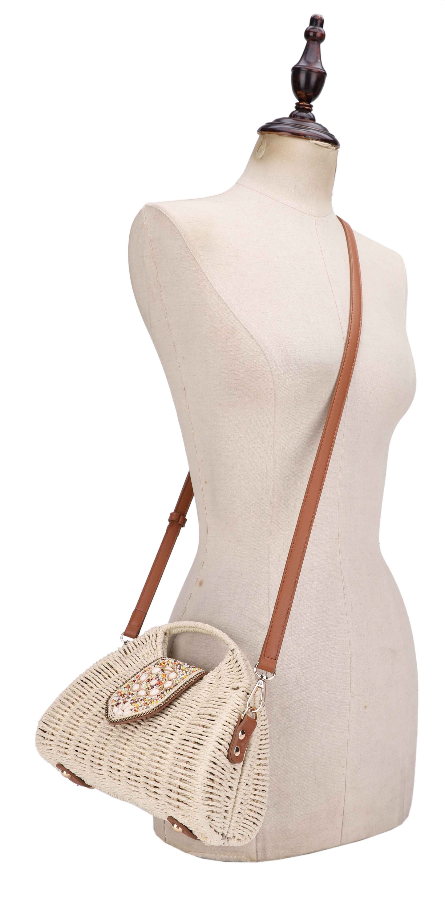 Fashion Beaded Straw Handle Satchel Bag