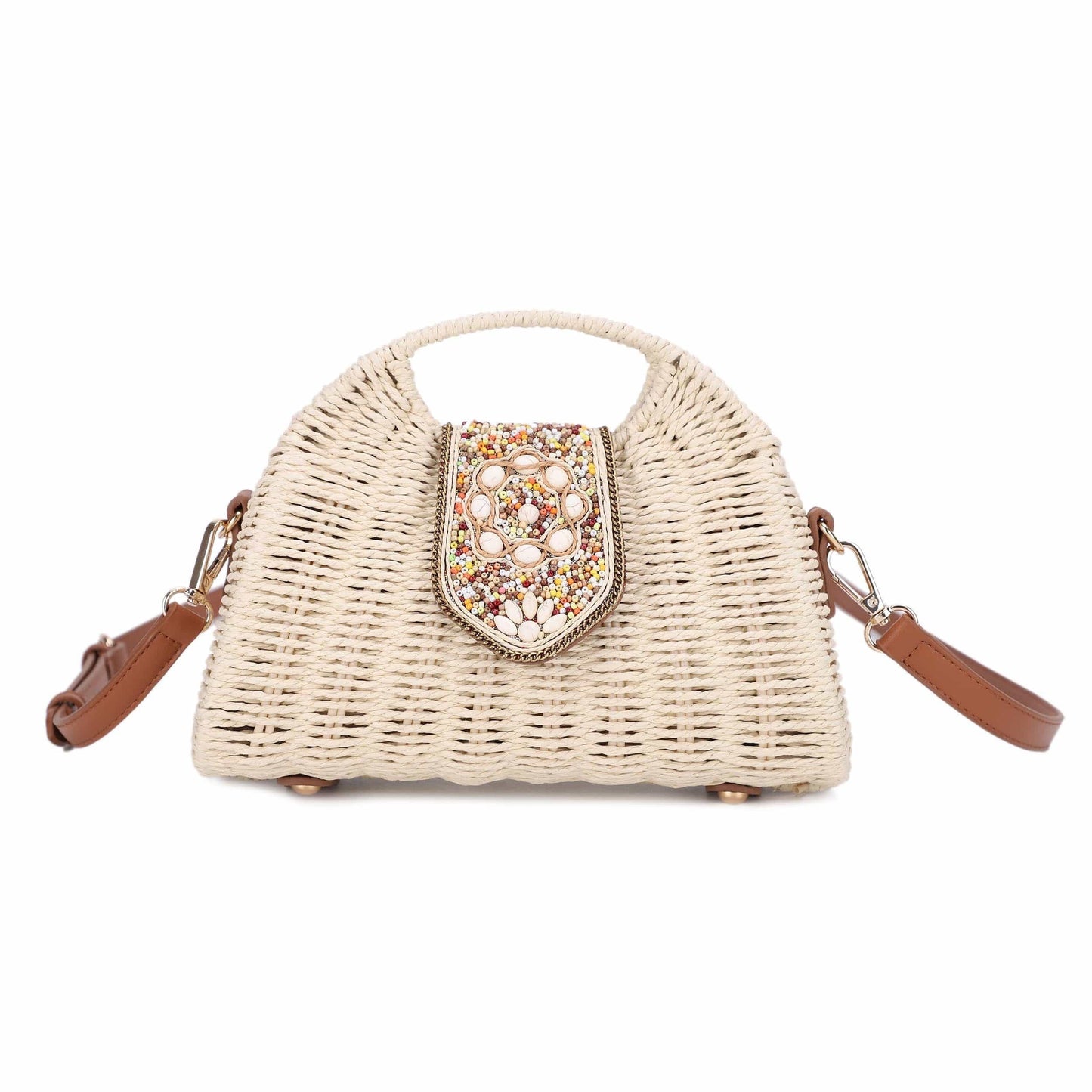 Fashion Beaded Straw Handle Satchel Bag