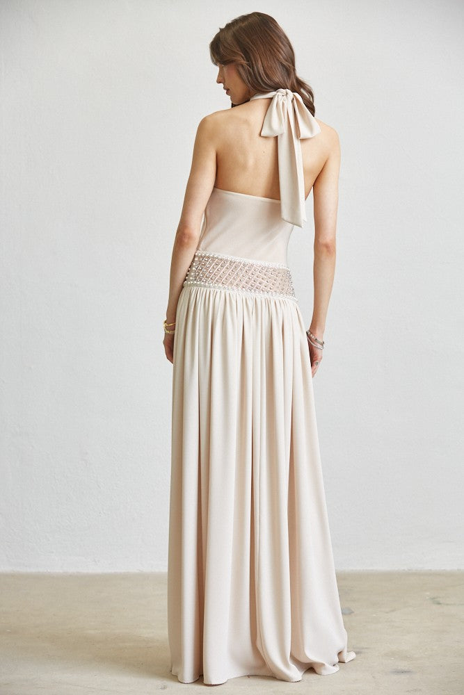 ATTITUDE Pearl & Crystal Embellished Nude Maxi Dress
