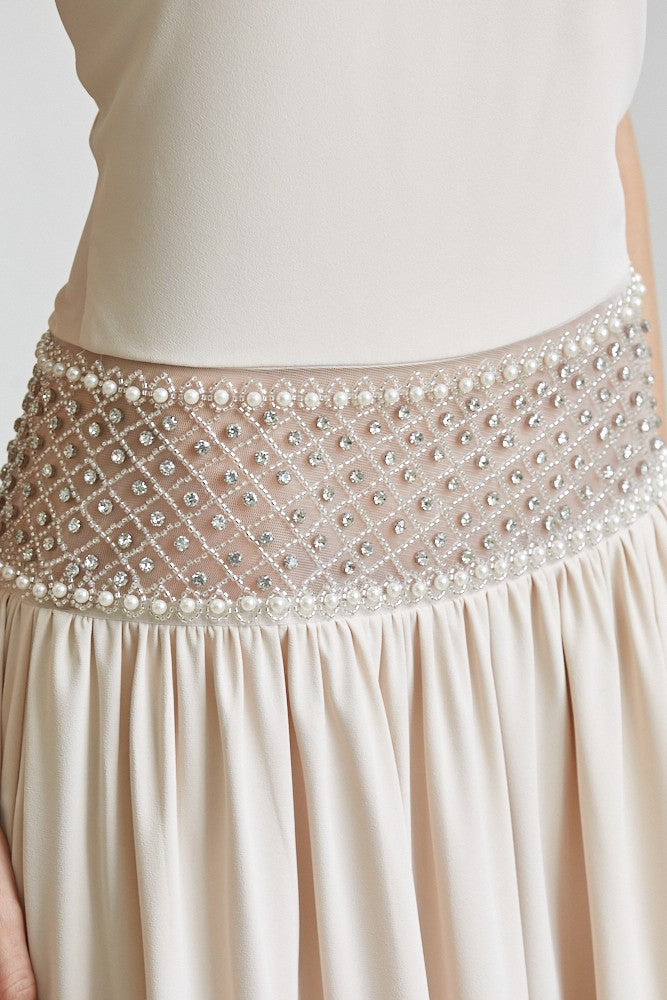 ATTITUDE Pearl & Crystal Embellished Nude Maxi Dress