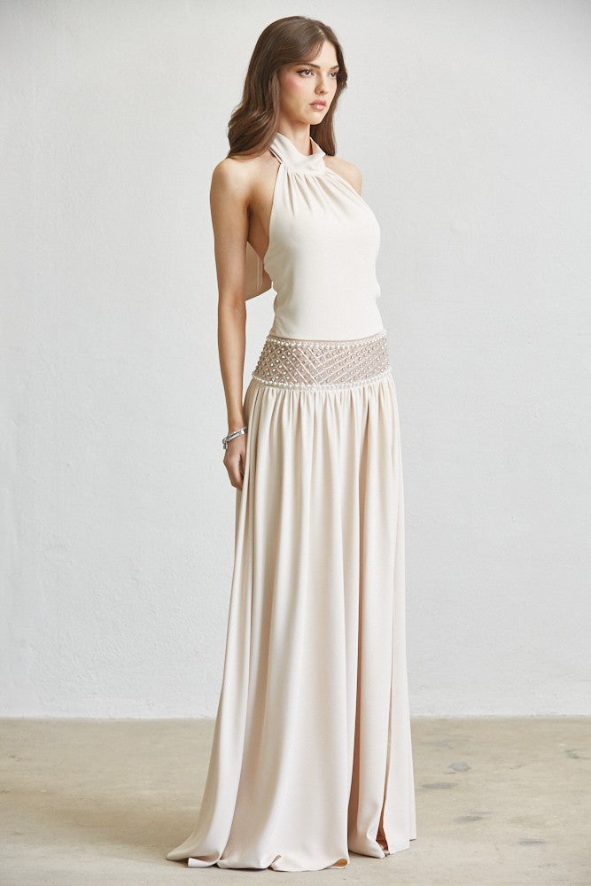 ATTITUDE Pearl & Crystal Embellished Nude Maxi Dress