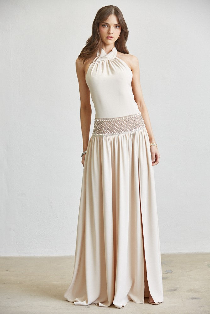 ATTITUDE Pearl & Crystal Embellished Nude Maxi Dress