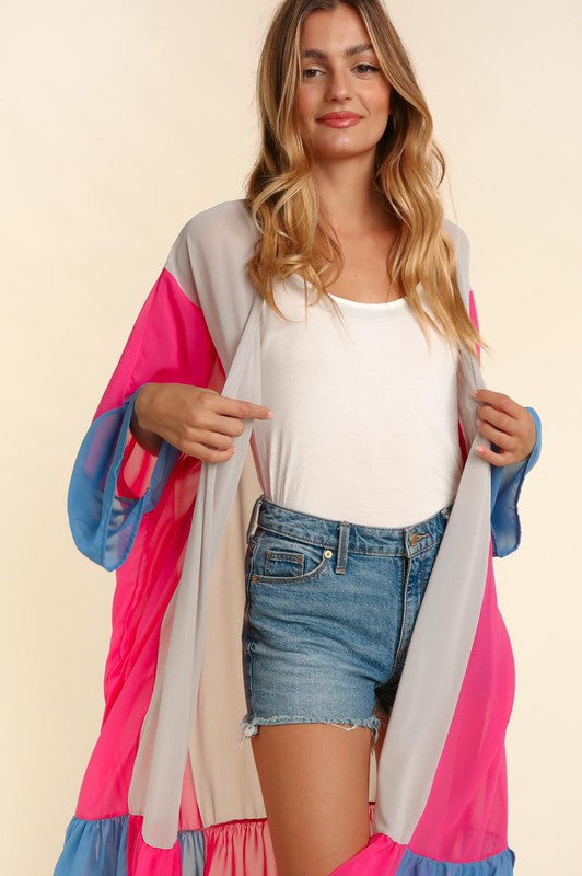 PLUS SIZE COLOR BLOCK KIMONO MAXI OPEN CARDIGAN