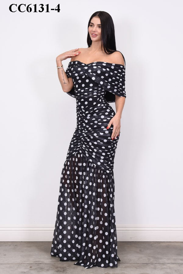 Polka Dot Print on Mesh Off Shoulder Maxi Dress- Black (PRE-ORDER)