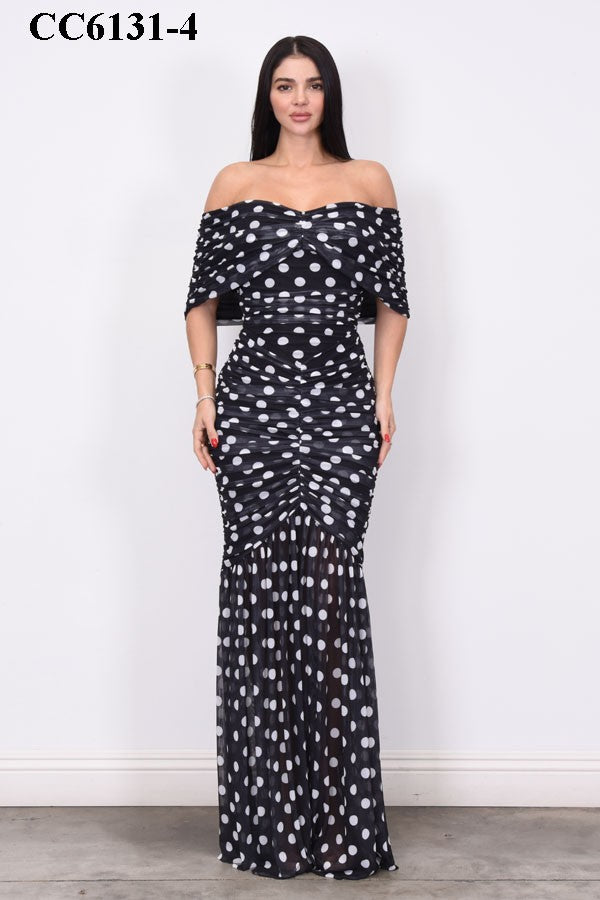 Polka Dot Print on Mesh Off Shoulder Maxi Dress- Black (PRE-ORDER)
