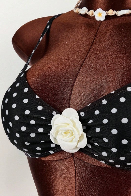 Black & White Expressions Flower Polka Dot Bikini Set