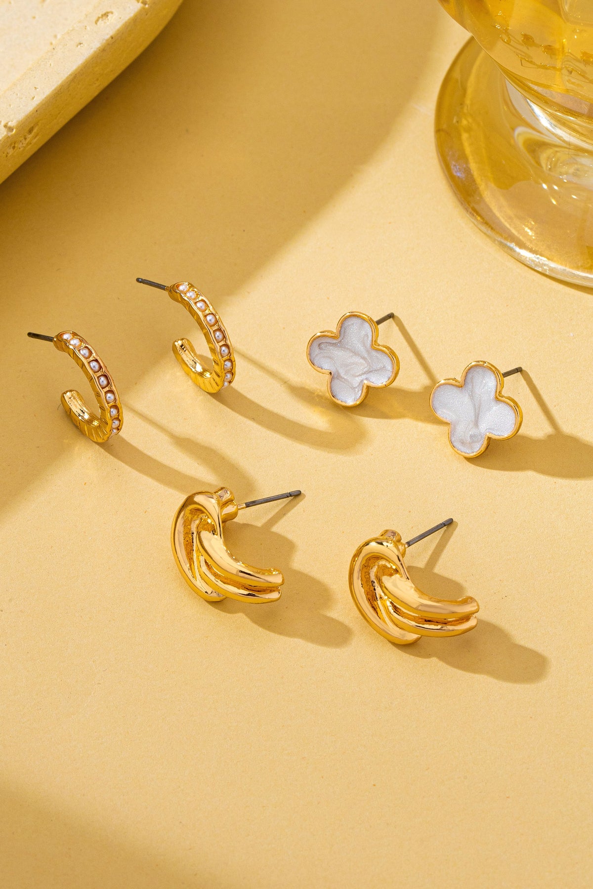 Gold-tone Clover Pearl Huggie Hoop Earrings Trio Set- PREORDER