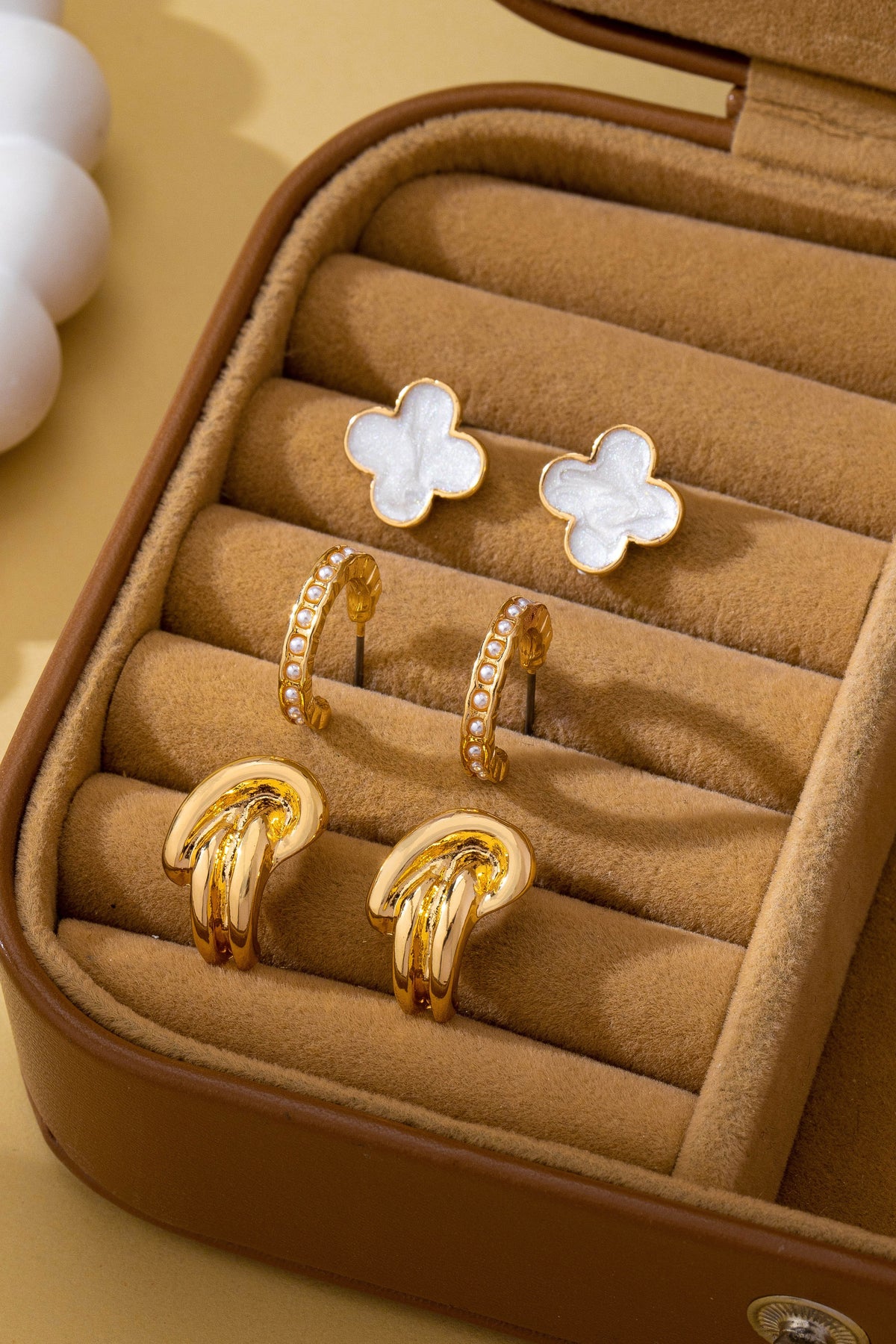 Gold-tone Clover Pearl Huggie Hoop Earrings Trio Set- PREORDER