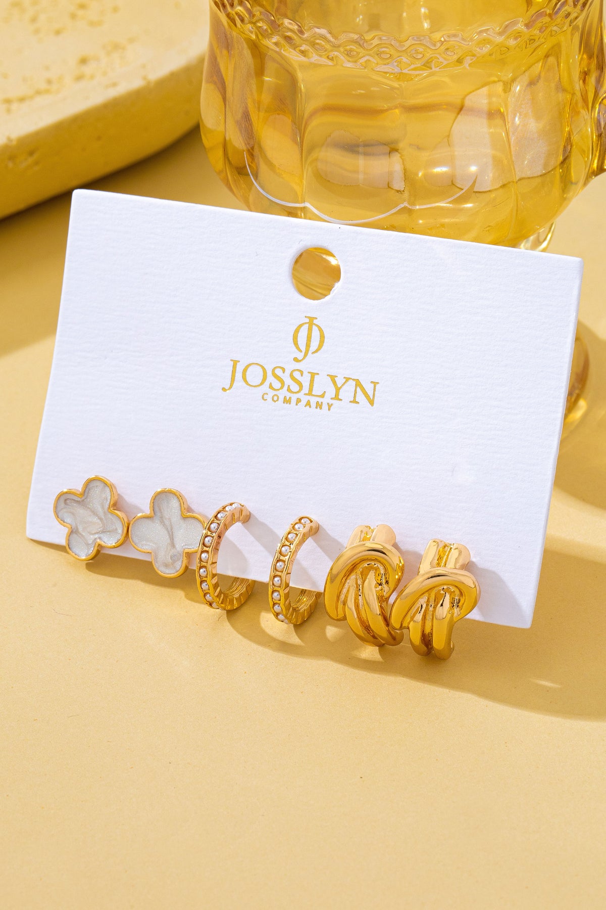 Gold-tone Clover Pearl Huggie Hoop Earrings Trio Set- PREORDER