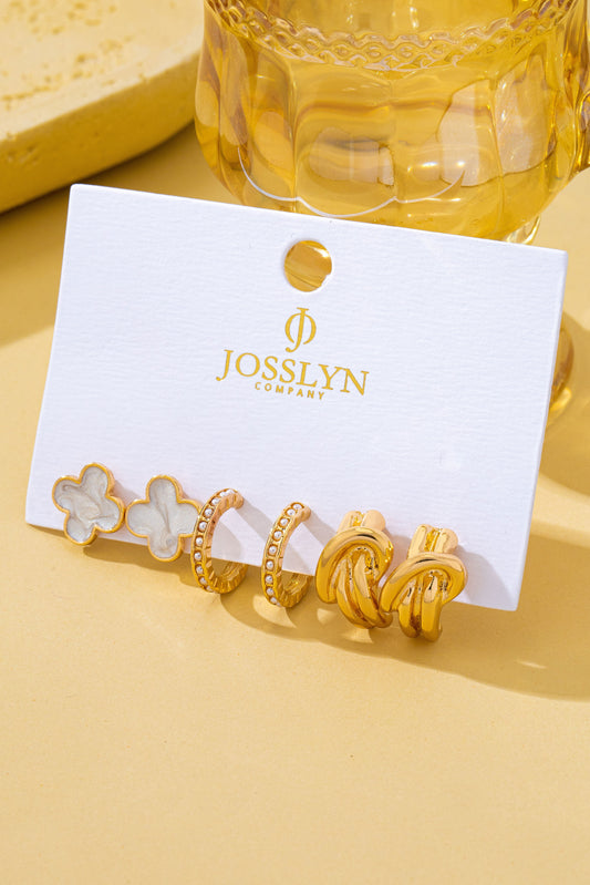 Gold-tone Clover Pearl Huggie Hoop Earrings Trio Set- PREORDER