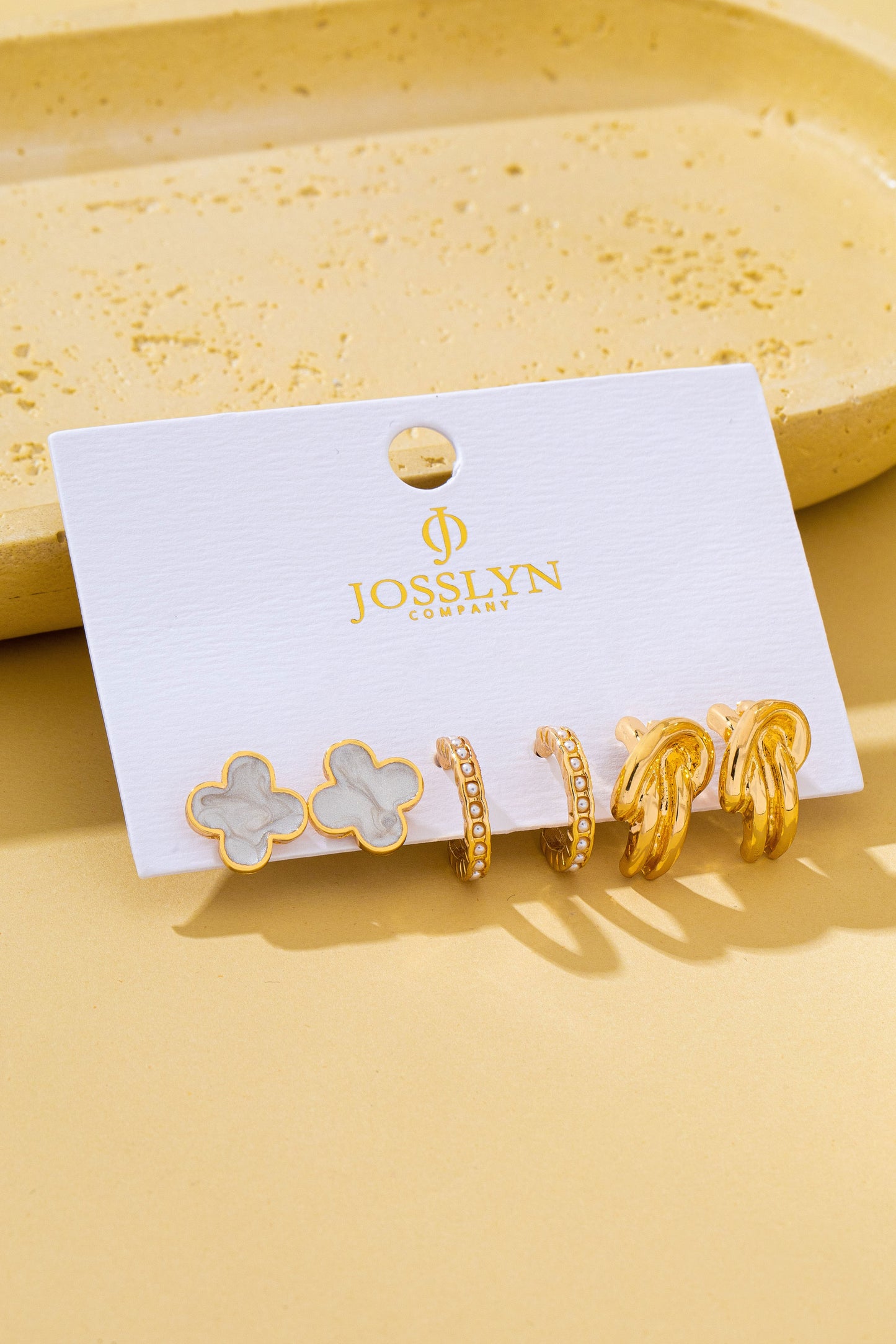 Gold-tone Clover Pearl Huggie Hoop Earrings Trio Set- PREORDER