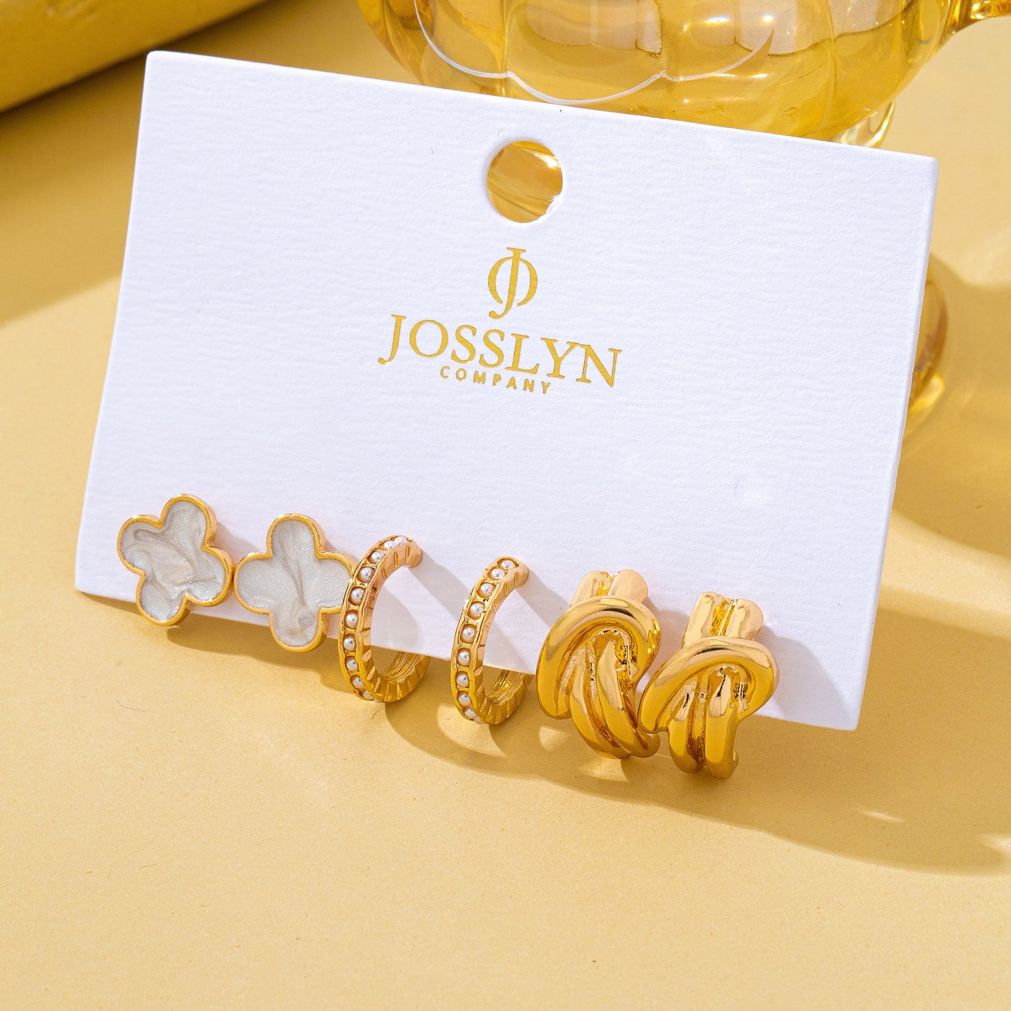 Gold-tone Clover Pearl Huggie Hoop Earrings Trio Set- PREORDER