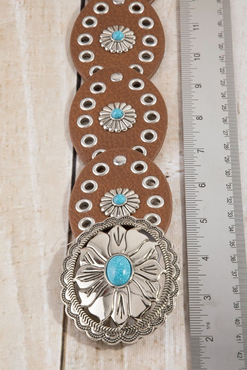 Western Turquoise Concho Disc Leather Belt